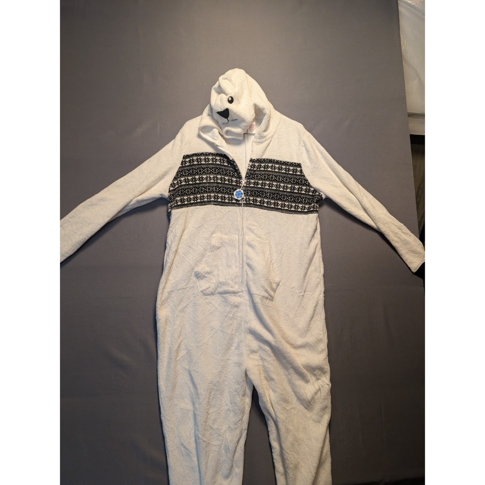 SO Intimates Polar Bear Romper Pajamas Womens 1X White Fleece Hooded Sleepwear